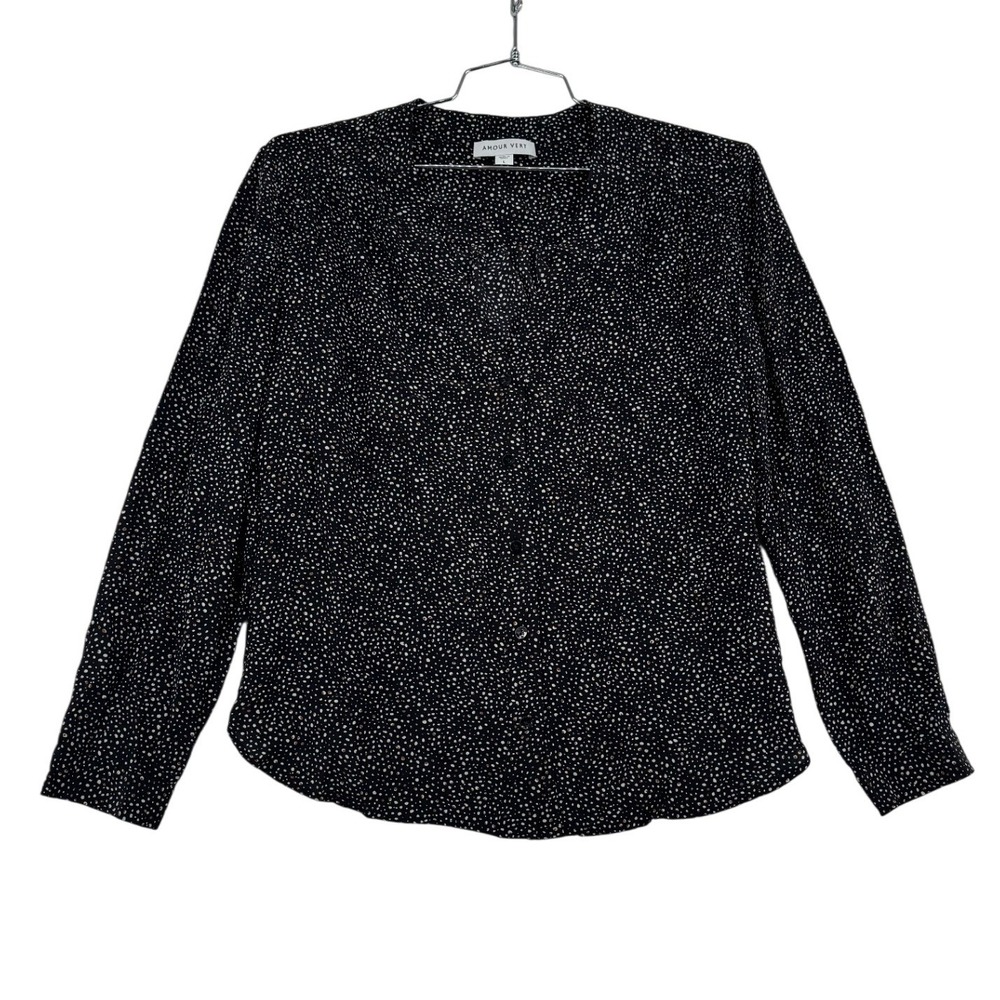 Amour Vert Kaya Silk Blouse Womens L Black Excellent Polka Dot V-Neck Buttons